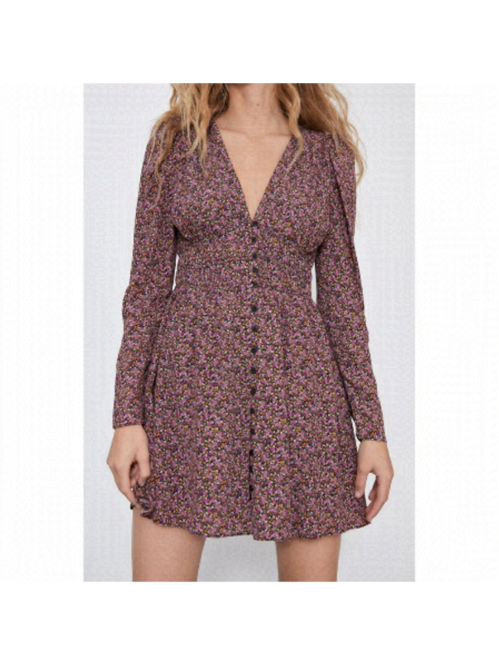 Zara long sleeve ditsy Floral mini button front lined v neck dress size XS